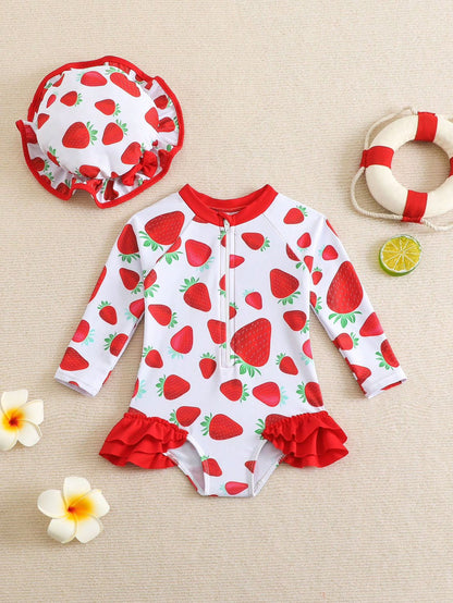 Baby White Strawberry Long Sleeve Swimsuit Set with Hat – SHEIN Fast Delivery in 5 Days