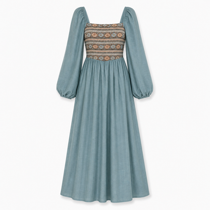 Blue Puff Sleeve Boho Maxi Dress with Embroidered Bodice