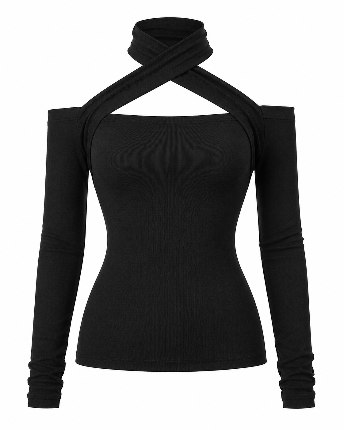 SHEIN Women Black Cross Neck Cut Out Long Sleeve Top
