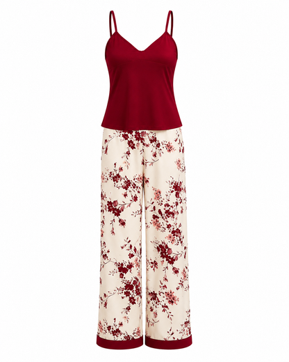 Women’s Floral Lounge Set – Burgundy Cami Top & Cream Wide Leg Pants