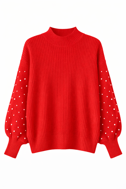 Women’s Ribbed Knit Sweater with Crystal Floral Neckline – Elegant Puff Sleeve Winter Pullover – Beige, Red & Brown
