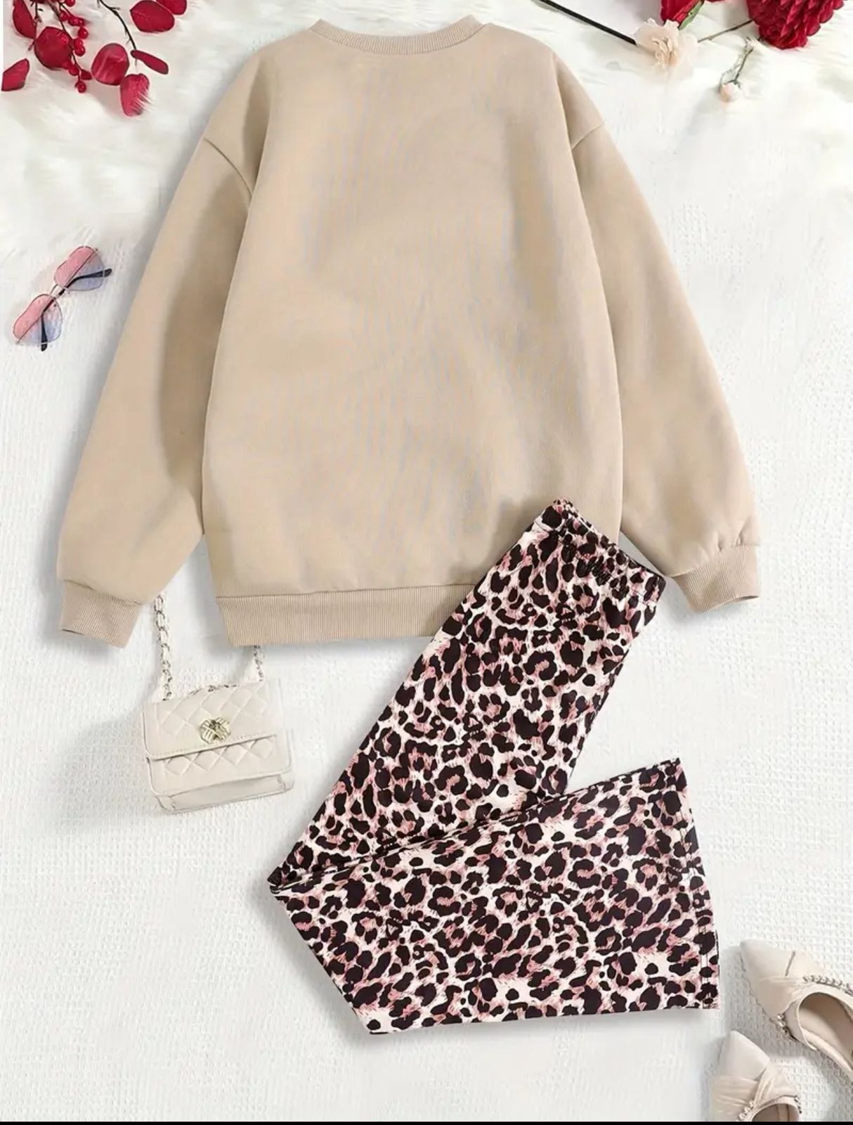 Girls Beige Leopard Print 2 Piece Set – Graphic Sweatshirt and Flared Pants Outfit
