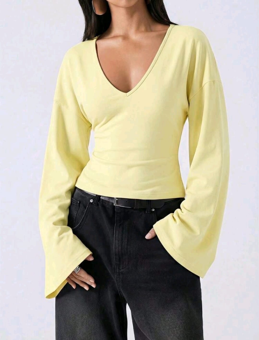 SHEIN Women Light Yellow V Neck Bell Sleeve Top