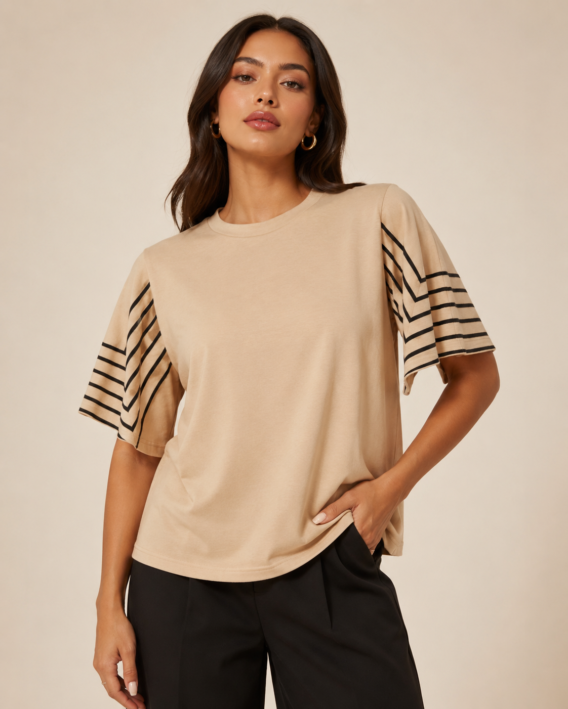 SHEIN Fast Delivery in 5 Days Beige Stripe Sleeve Casual Top