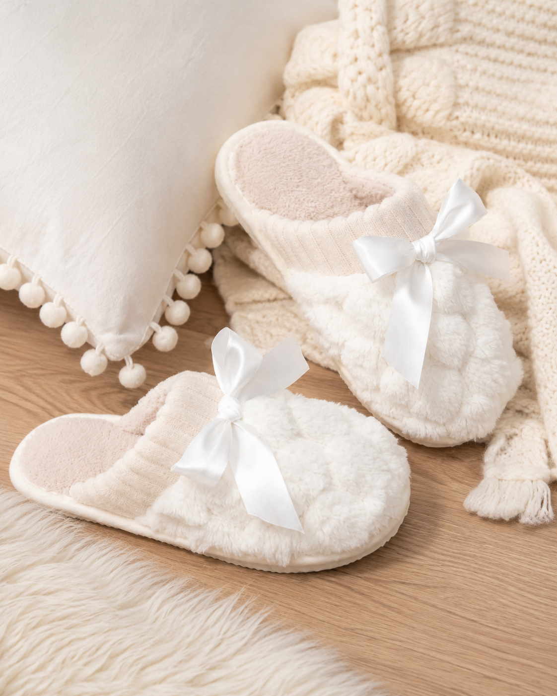 Women’s White Faux Fur House Slippers – Soft Plush Indoor Slippers with Bow Detail