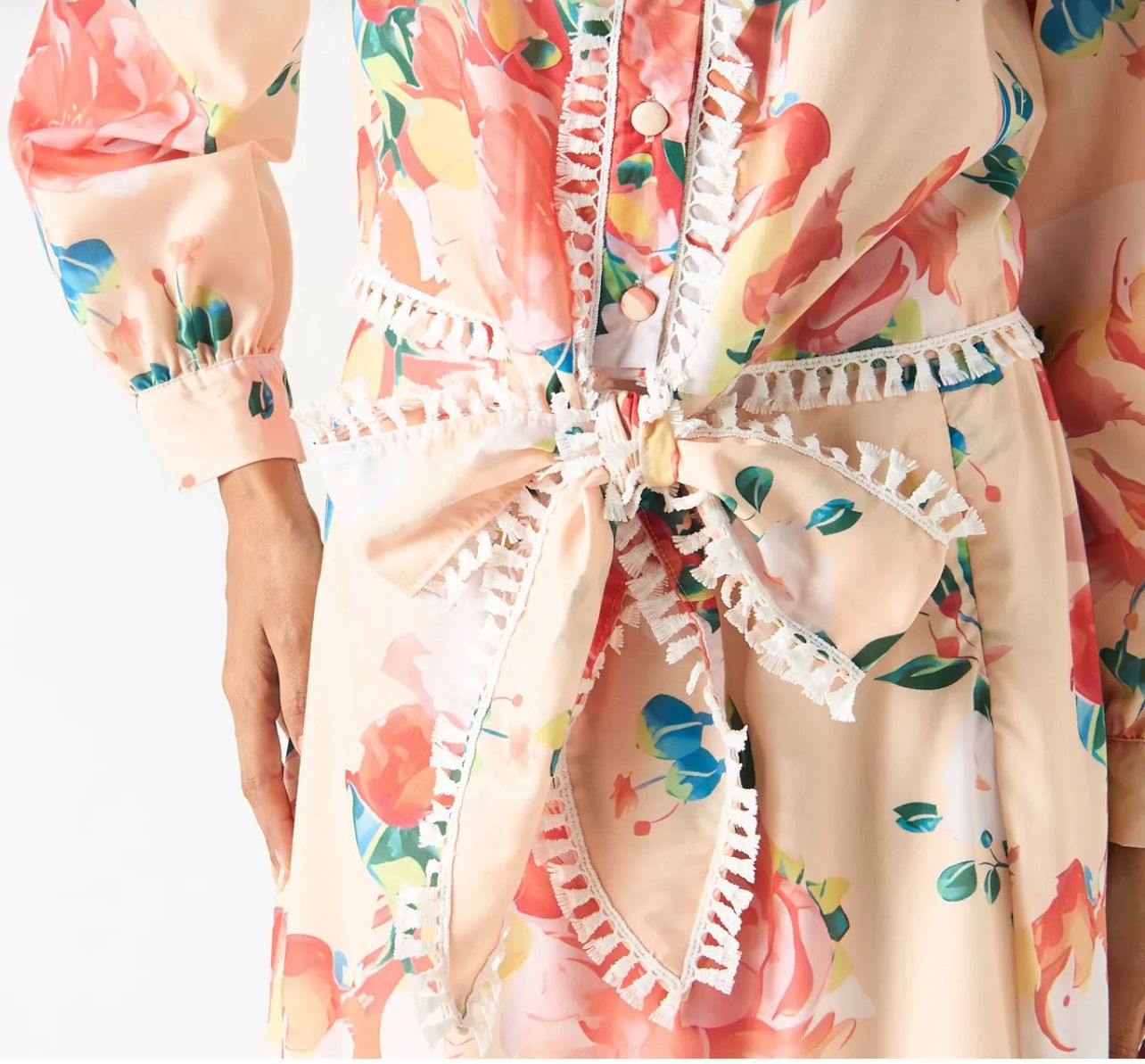Women’s Floral Button Up Shirt – Peach Sheer Long Sleeve Tie Front Blouse
