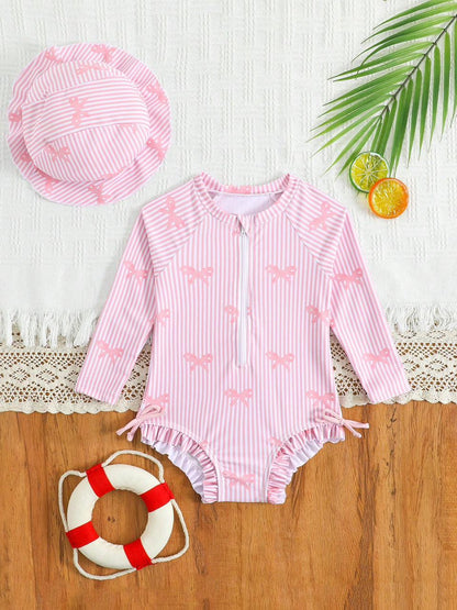 Baby Pink Striped Bow Long Sleeve Swimsuit Set with Hat – SHEIN Fast Delivery in 5 Days