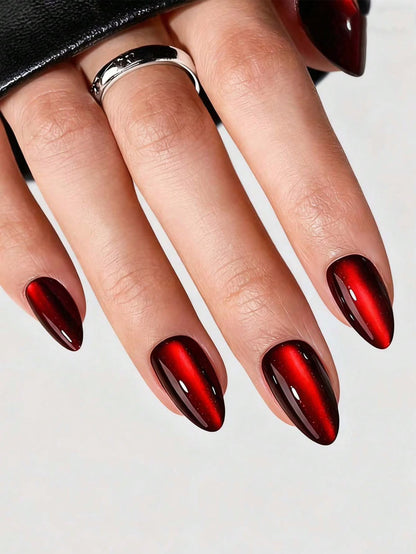 Red Magnetic Cat Eye Almond Press-On Nails