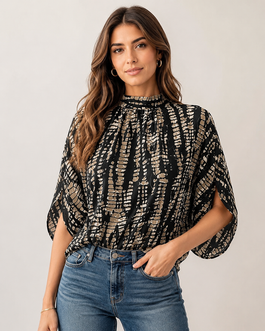 Women’s Black Abstract Print Blouse – Mock Neck Split Sleeve Plus Size Friendly Top