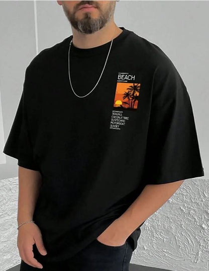 Men’s Black Beach Graphic Cotton T-Shirt, Short Sleeve Casual Summer Top