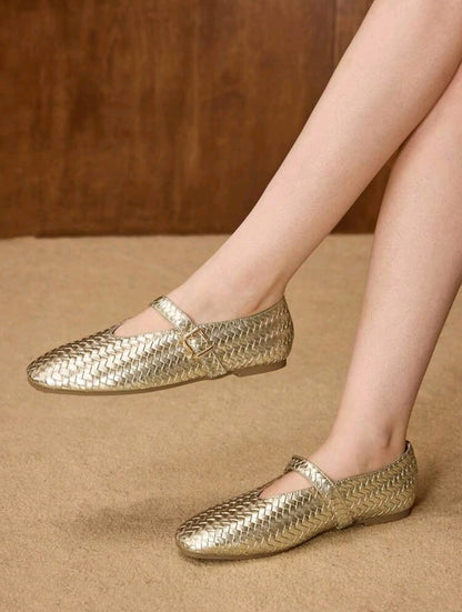 SHEIN Women Gold Woven Mary Jane Flat Shoes