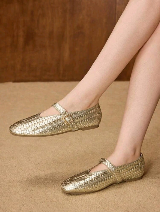 SHEIN Women Gold Woven Mary Jane Flat Shoes