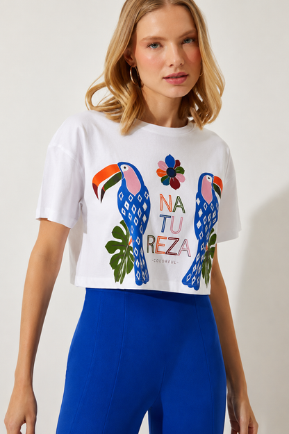 Women’s White Tropical Parrot Graphic Cotton T-Shirt, Short Sleeve Casual Summer Top