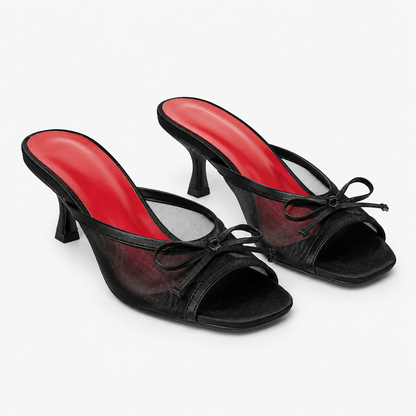 SHEIN Women’s Black Mesh Open Toe Heeled Sandals – Bow Detail Summer Slippers, SHEIN Fast Delivery in 5 Days