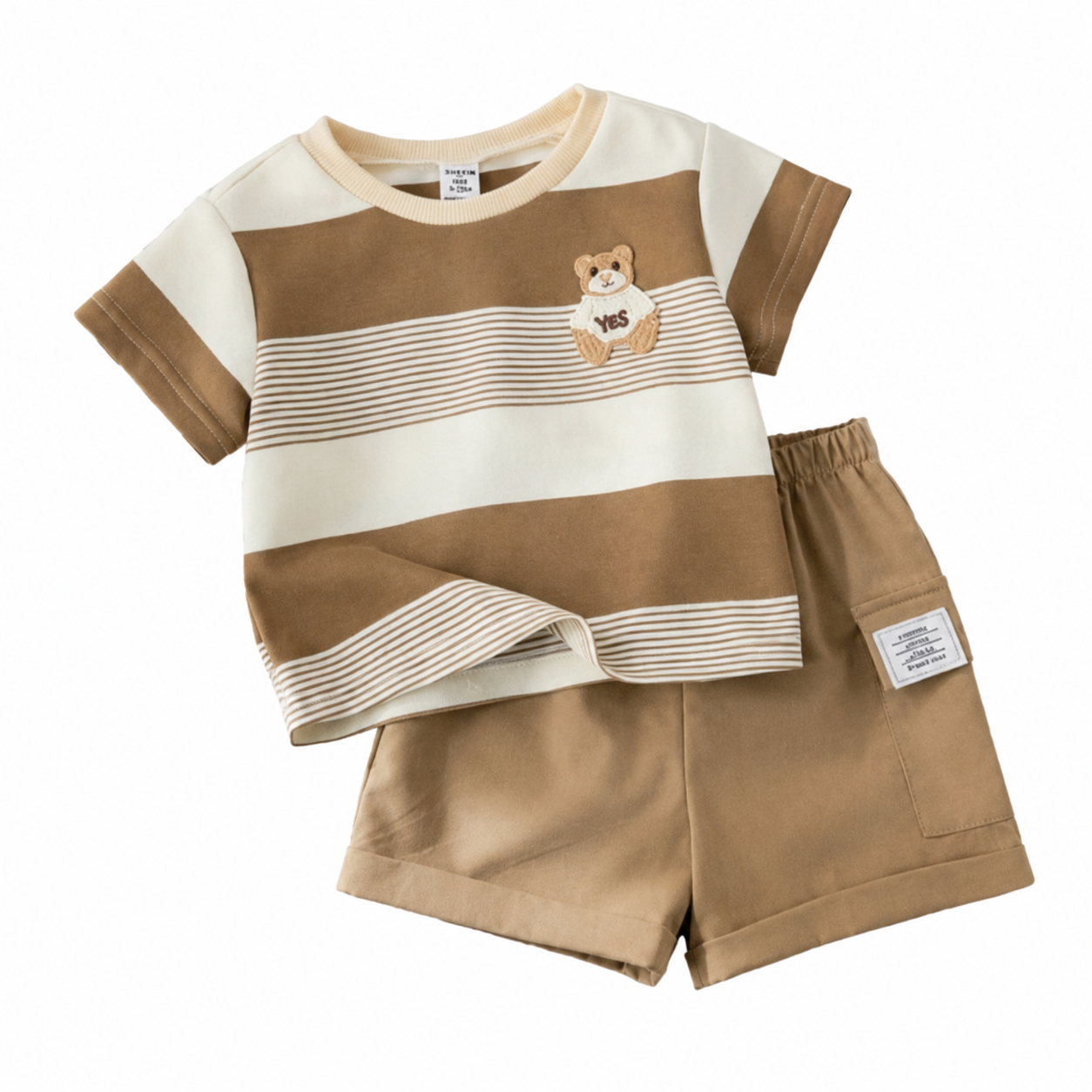 SHEIN Baby Boys Bear Stripe T-Shirt and Shorts Set