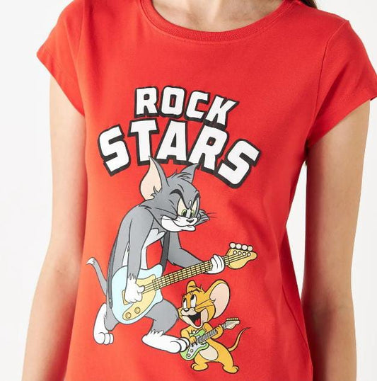 Women’s Splash Tom & Jerry Graphic T-Shirt – Red Cotton Short Sleeve Casual Top