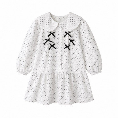 SHEIN Girls White Polka Dot Dress – Long Sleeve Bow Detail Casual Dress, SHEIN Fast Delivery in 5 Days