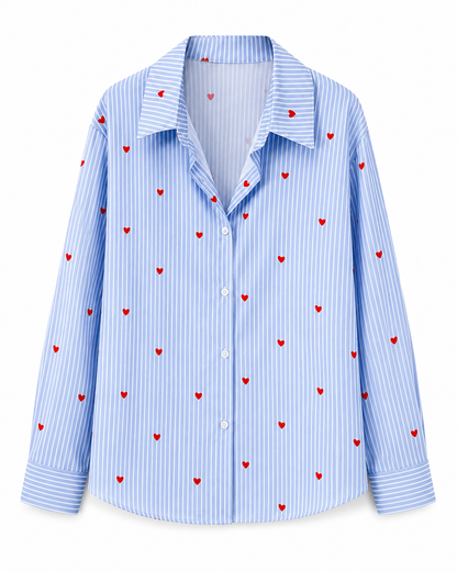 SHEIN Curve Women’s Blue Striped Heart Print Button-Up Shirt – Plus Size Long Sleeve Blouse, SHEIN Fast Delivery in 5 Days
