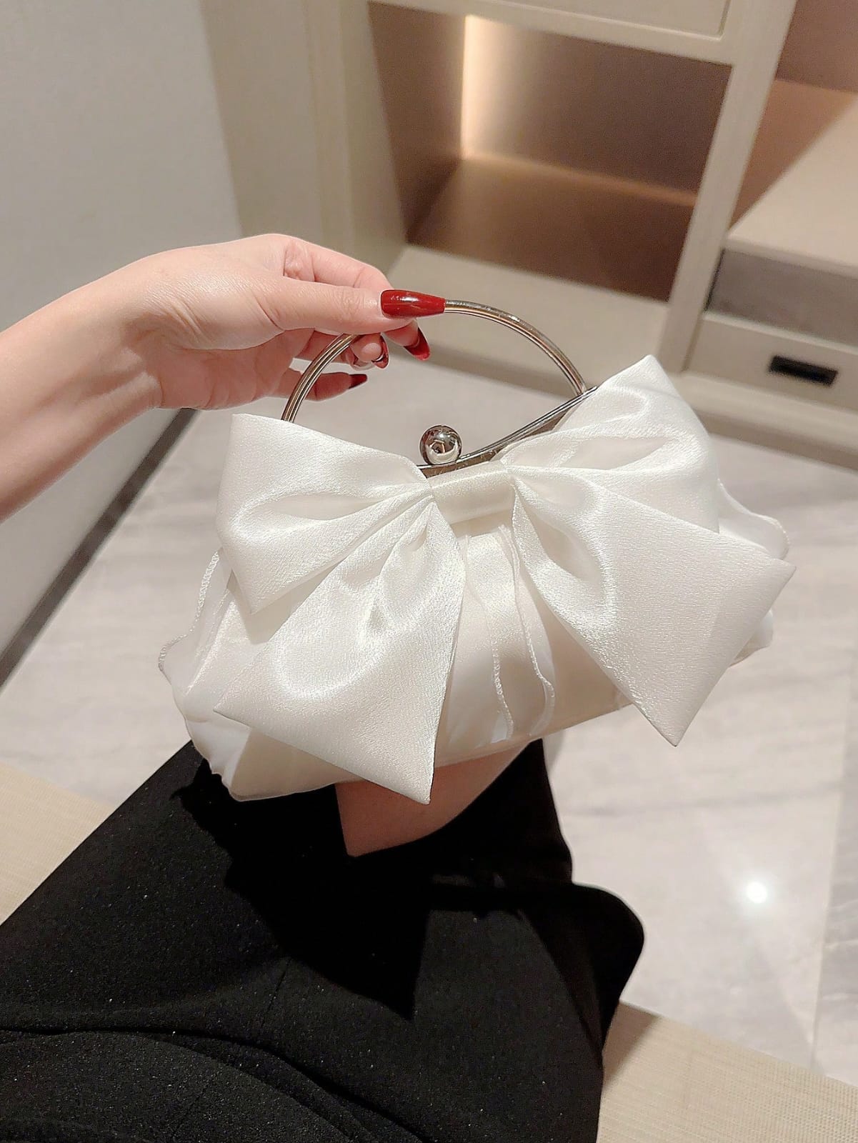 White Bow Mini Clutch Bag with Metal Handle