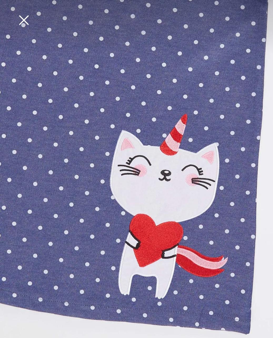 Girls’ Denokids Blue Polka Dot Cat Dress – Short Puff Sleeve Cotton Dress