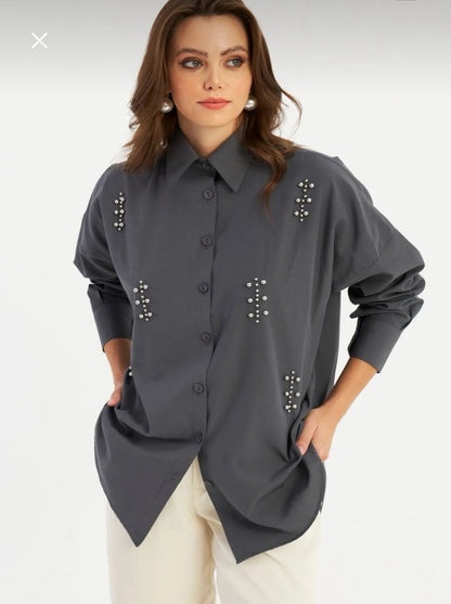 Women’s Dark Grey Embellished Button Up Shirt – Trendyol Oversized Long Sleeve Blouse