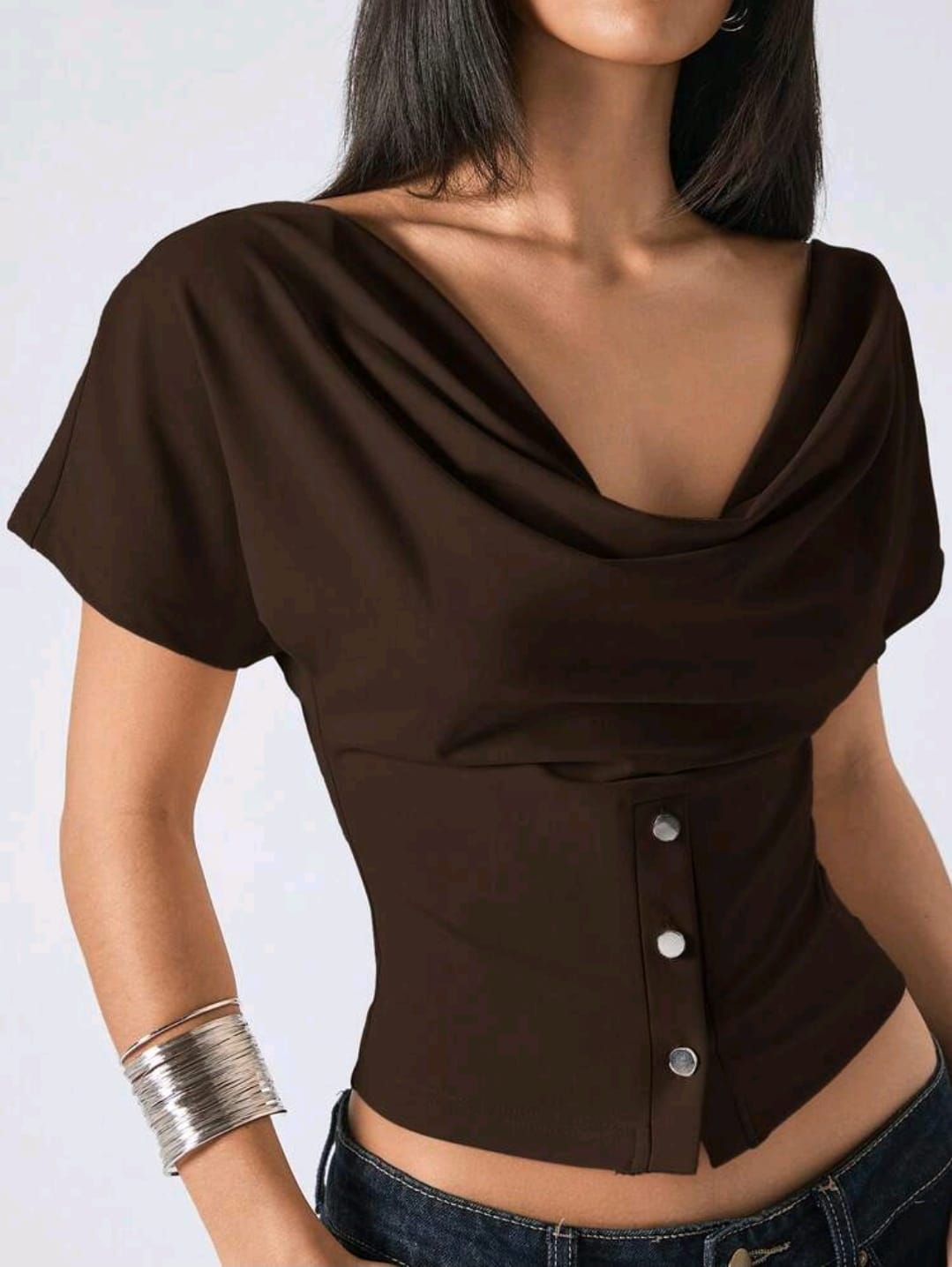 SHEIN Women Brown Off Shoulder Button Detail Top