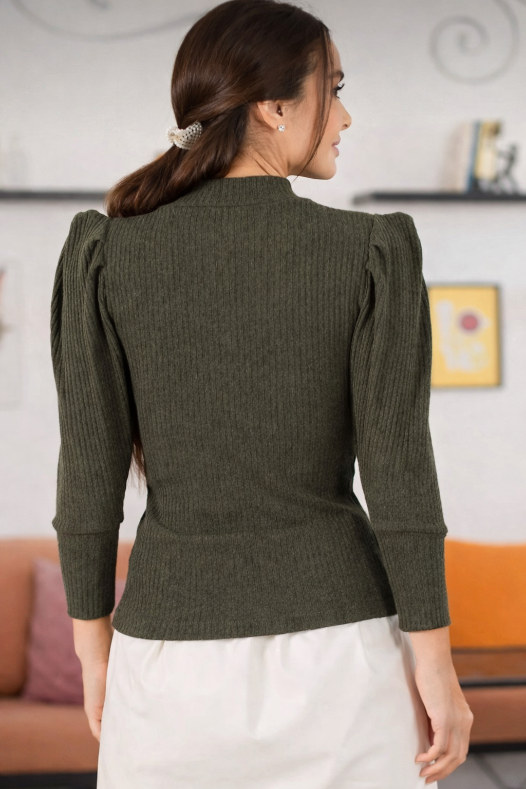Olive Green Ribbed Puff Sleeve Top for Women – Elegant Slim Fit Knit Blouse