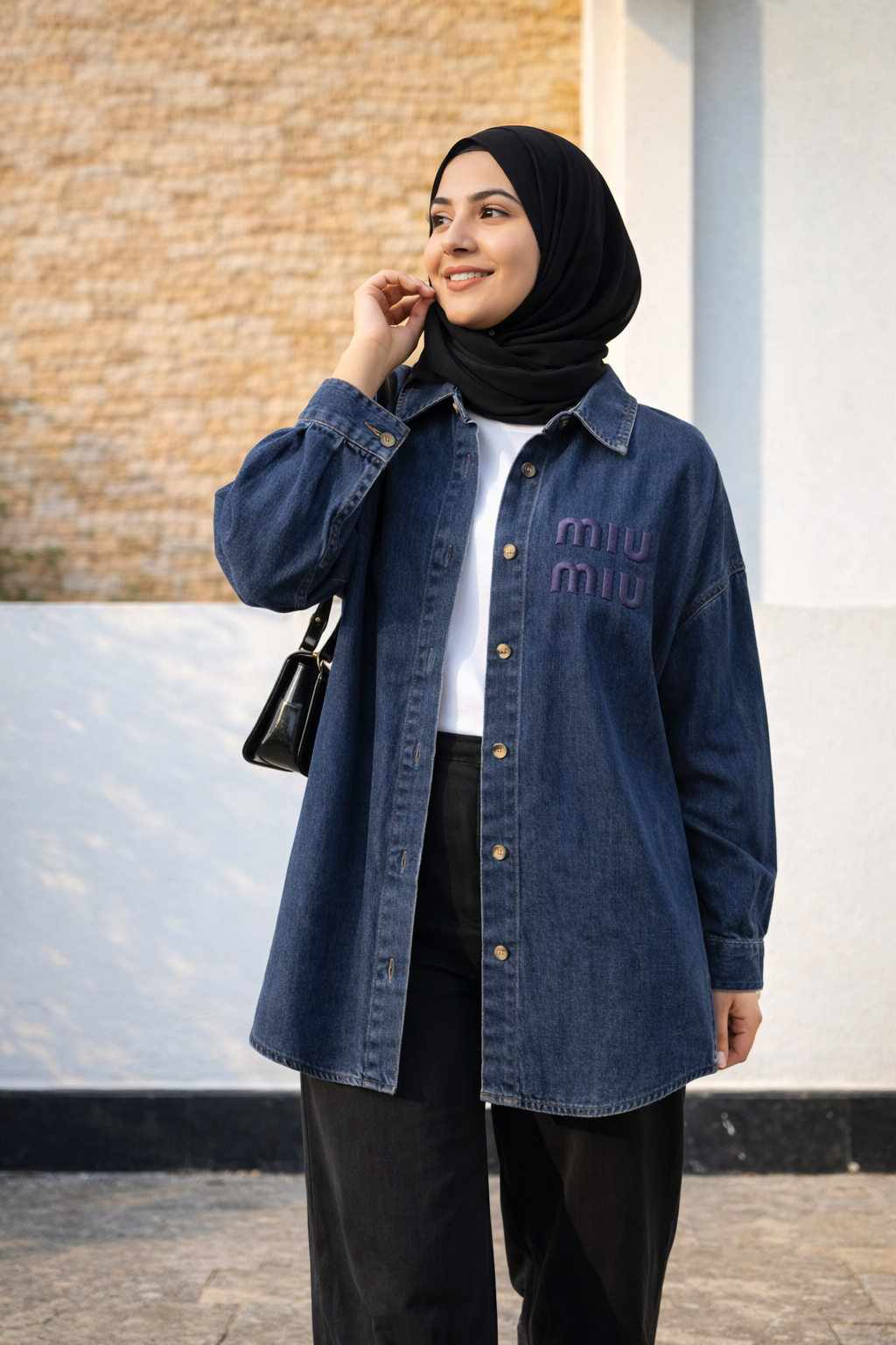 Wash Embroidered Denim Shirt for Women – Oversized Button Front Casual Long Sleeve Jean Shirt – Trendy Streetwear Top