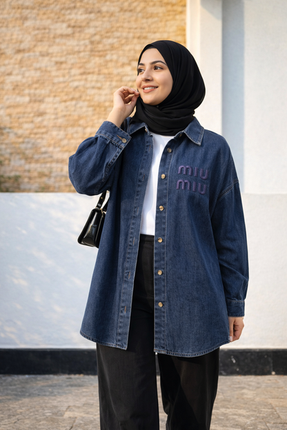 Wash Embroidered Denim Shirt for Women – Oversized Button Front Casual Long Sleeve Jean Shirt – Trendy Streetwear Top
