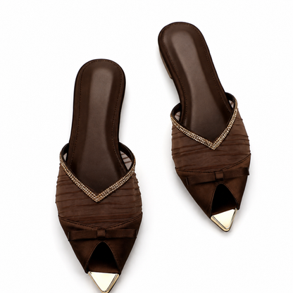 SHEIN Women’s Brown Satin Flat Mules – Rhinestone V Strap Pointed Toe Slides, SHEIN Fast Delivery in 5 Days