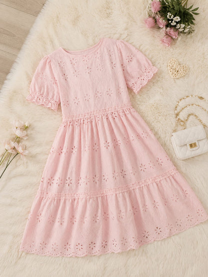 Girls Pink Eyelet Embroidered Dress – Short Sleeve Summer Dress, Fast Delivery in 5 Days