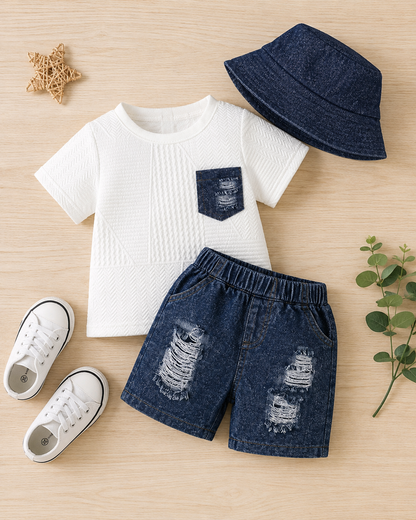 Boys White T-Shirt and Dark Blue Shorts Set with Hat – SHEIN Fast Delivery in 5 Days