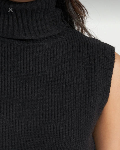 Black Sleeveless Turtleneck Knit Tunic – Belted Longline Sweater Top – Chic Winter Layering Top for Women