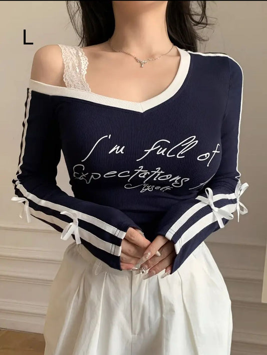 Women’s Navy Off Shoulder Ribbed Top – Contrast V Neck Long Sleeve Bow Detail Blouse