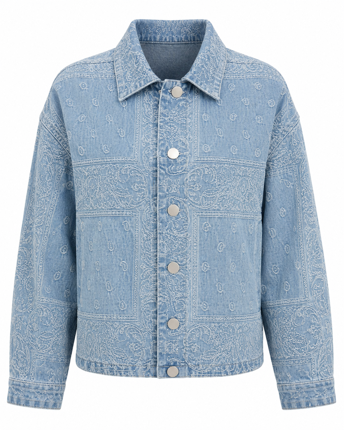 Light Blue Paisley Denim Cropped Jacket with Button Front