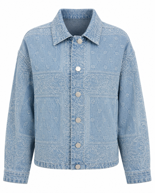 Light Blue Paisley Denim Cropped Jacket with Button Front