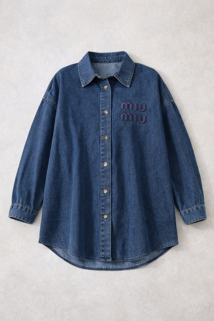 Wash Embroidered Denim Shirt for Women – Oversized Button Front Casual Long Sleeve Jean Shirt – Trendy Streetwear Top