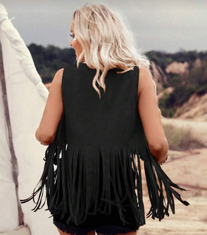 Women’s Fringe Suede Vest – Sleeveless Open Front Western Style Tassel Cardigan – Boho Festival Layering Piece