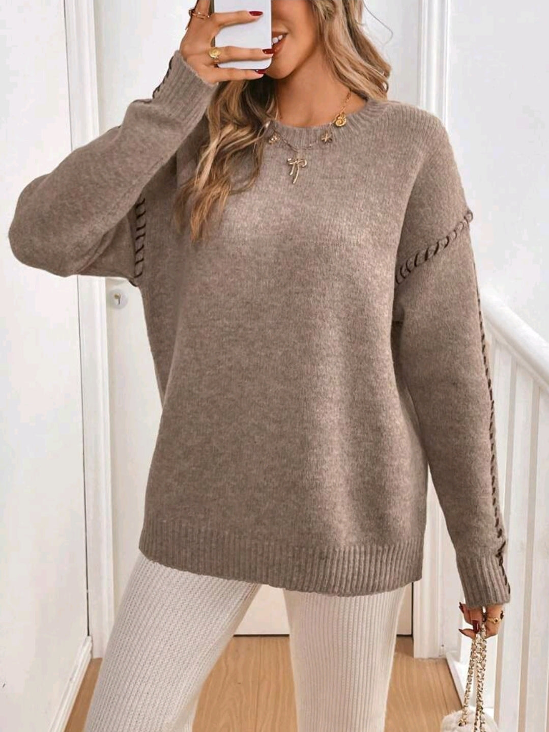 Khaki Oversized Knit Sweater – Crew Neck Casual Women Pullover for Autumn & Winter
