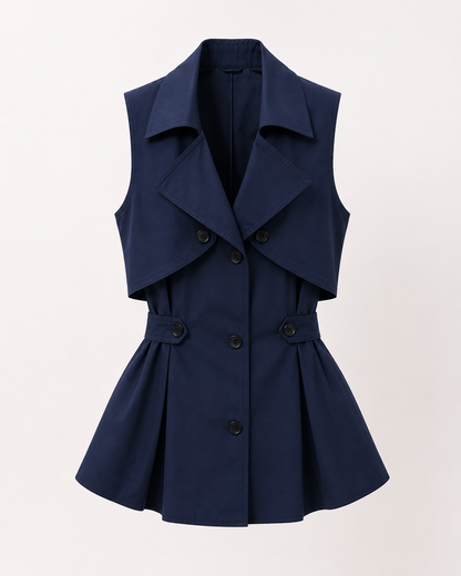 SHEIN Fast Delivery Navy Blue Sleeveless Trench Vest – Double-Breasted Chic Top