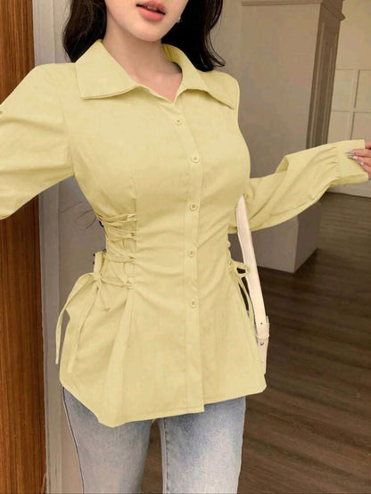SHEIN Women’s Light Yellow Side Tie Button-Up Shirt – Long Sleeve Waist Tie Blouse, SHEIN Fast Delivery in 5 Days