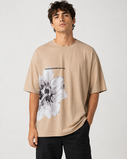 Men’s Beige Floral Graphic Cotton T-Shirt, Short Sleeve Casual Summer Top