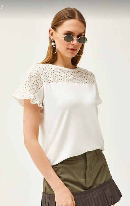 Women’s White Eyelet Lace Sleeve Cotton Top, Casual Elegant Short Sleeve Blouse