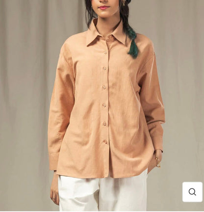 SHEIN Women’s Peach Oversized Button-Up Shirt – Long Sleeve Casual Blouse, SHEIN Fast Delivery in 5 Days
