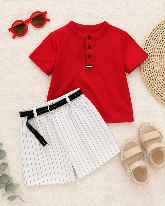 Boys Red Henley T-Shirt and White Striped Shorts Set