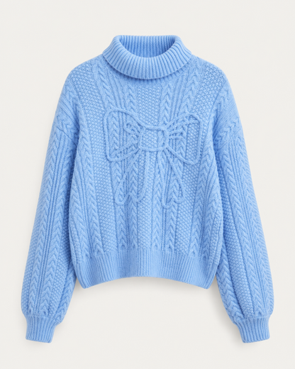 Women’s Blue Cable Knit Sweater with Bow Detail