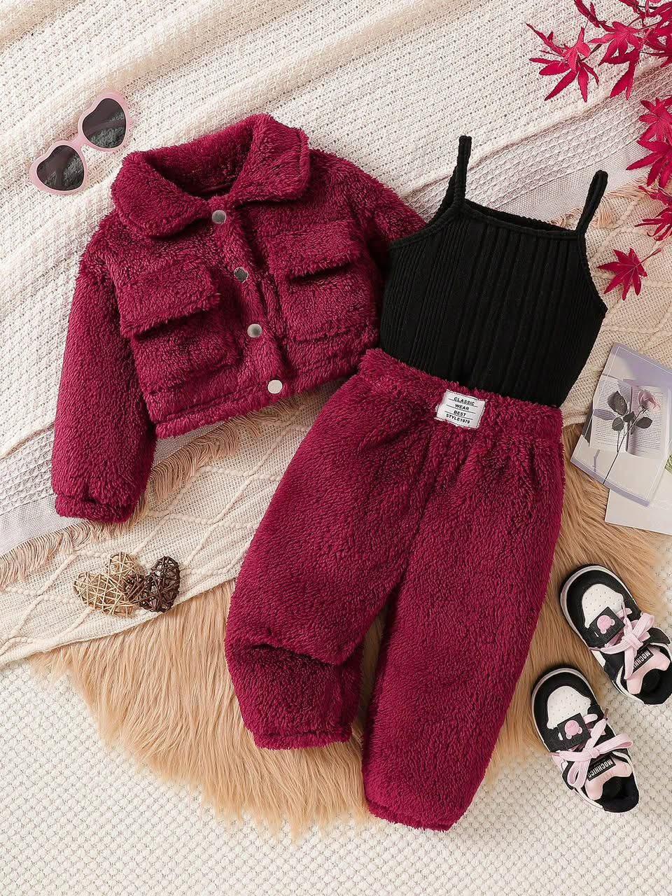 Baby Girls Burgundy Teddy Jacket Top and Pants Three Piece Set
