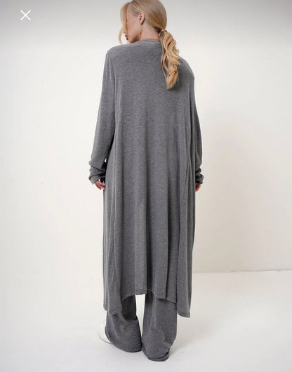 Women’s Grey Wide Leg Lounge Pants with Long Open Cardigan Set – Soft Relaxed Two Piece Outfit