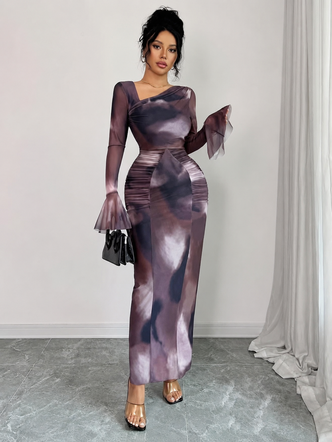 SHEIN Women’s Abstract Print Ruched Maxi Dress – One Shoulder Long Sleeve Evening Dress, SHEIN Fast Delivery in 5 Days