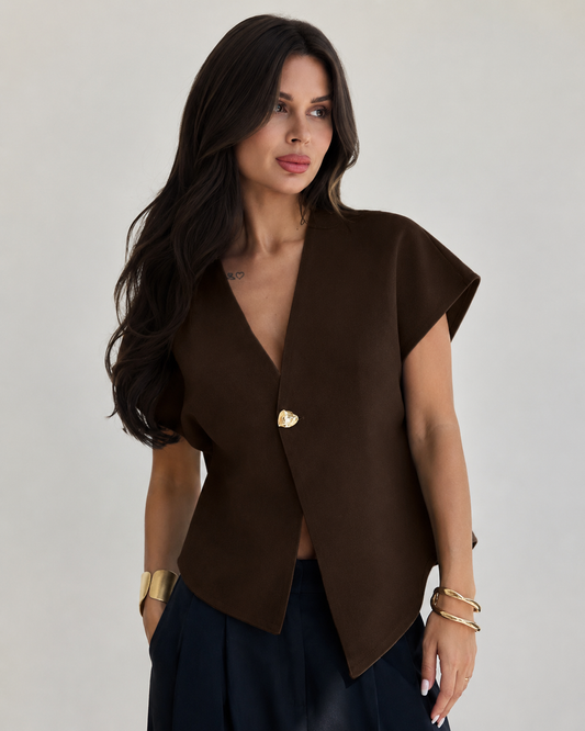 Brown Sleeveless Vest Top with Gold Button Detail